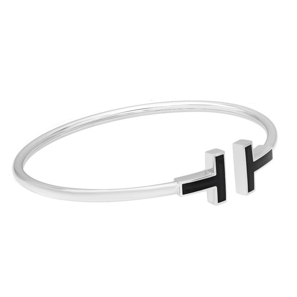 Tiffany & Co. T Black Onyx Wire Bracelet 18K White Gold Size Small - Picture 3 of 5